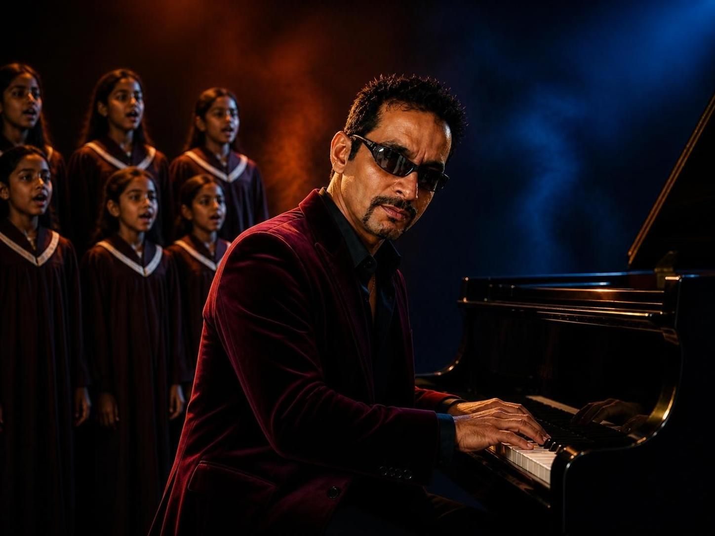 Imran Behleem at a grand piano with a choir behind him