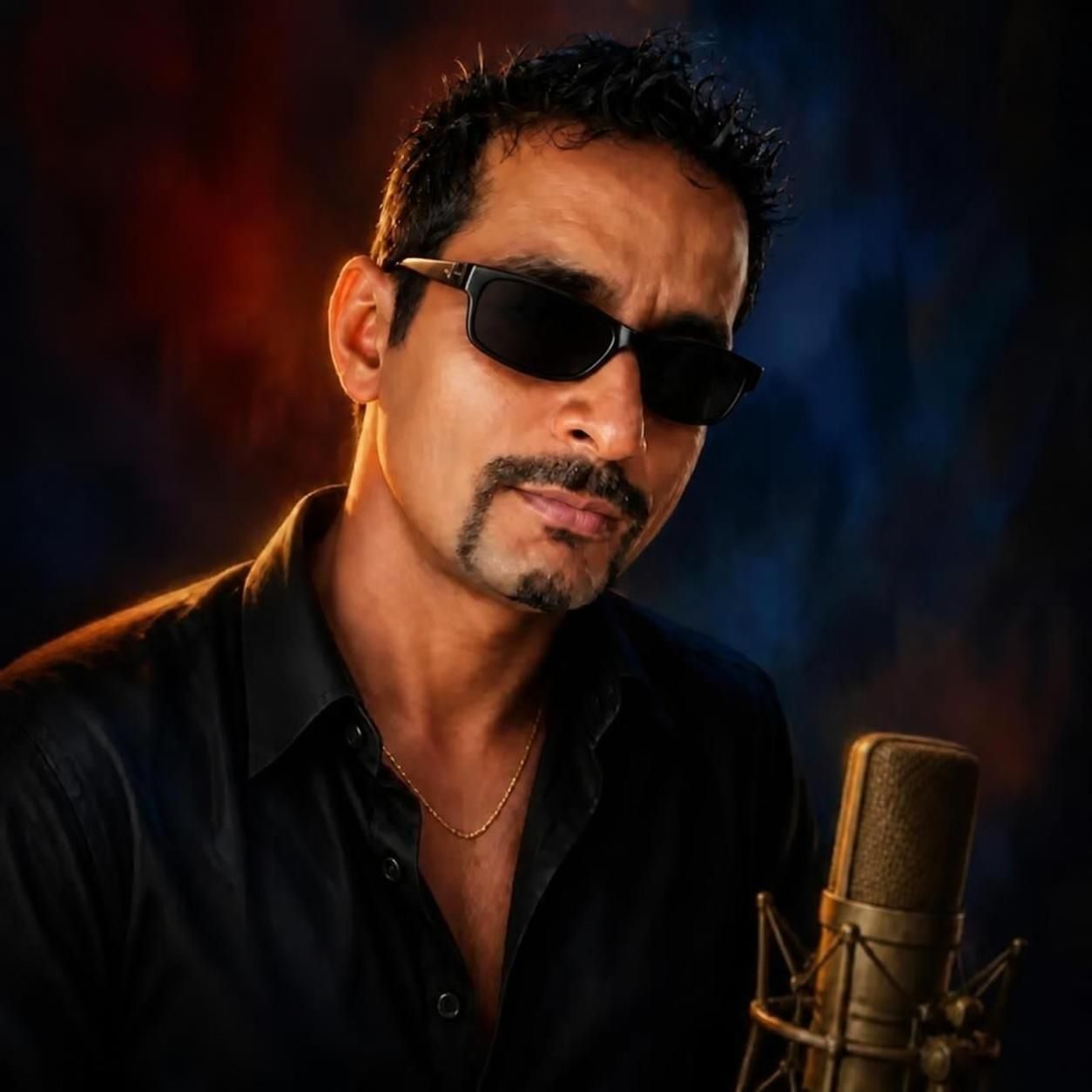 Portrait of Imran Behleem at a vintage microphone